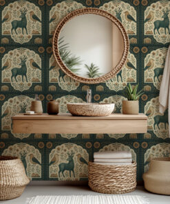 Alternative view of Nordic Folk Art Deer and Bird Wallpaper