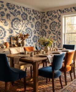 Blue Mediterranean Floral Wallpaper