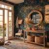 Blue and Orange Line Floral Wallpaper