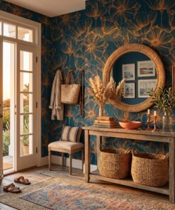 Blue and Orange Line Floral Wallpaper