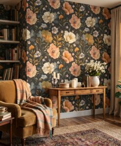 Black Vintage Botanical Floral Wallpaper