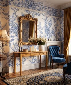 Blue and White Bird Toile Wallpaper