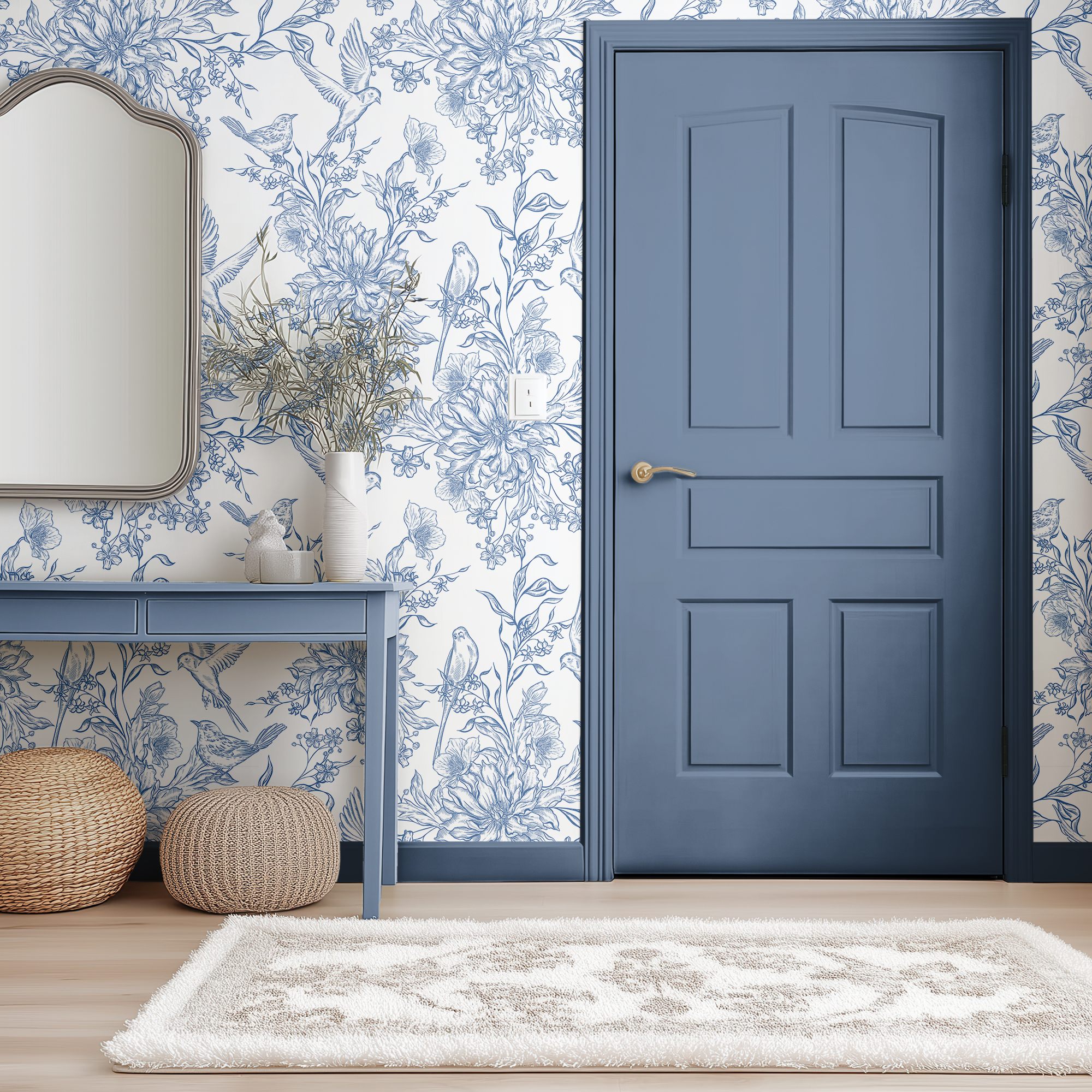 Blue and White Bird Wallpaper – French Country Toile Pattern