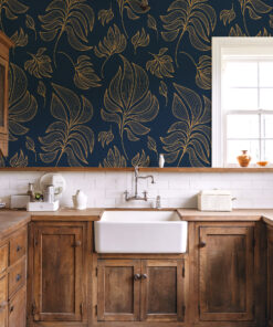 Alternative view of Navy and Gold Botanical Wallpaper