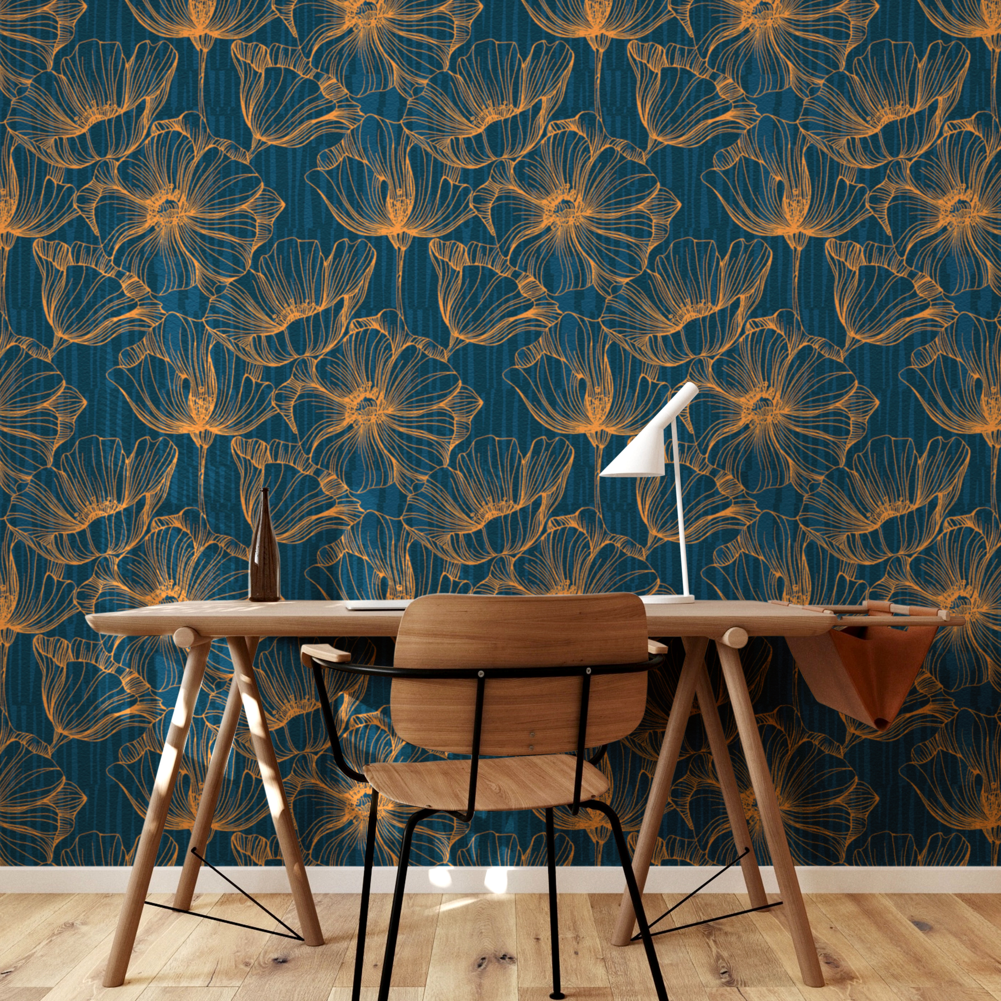 Blue and Orange Line Floral Wallpaper – Contemporary Botanical Design
