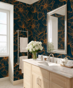 Alternative view of Blue and Orange Line Floral Wallpaper