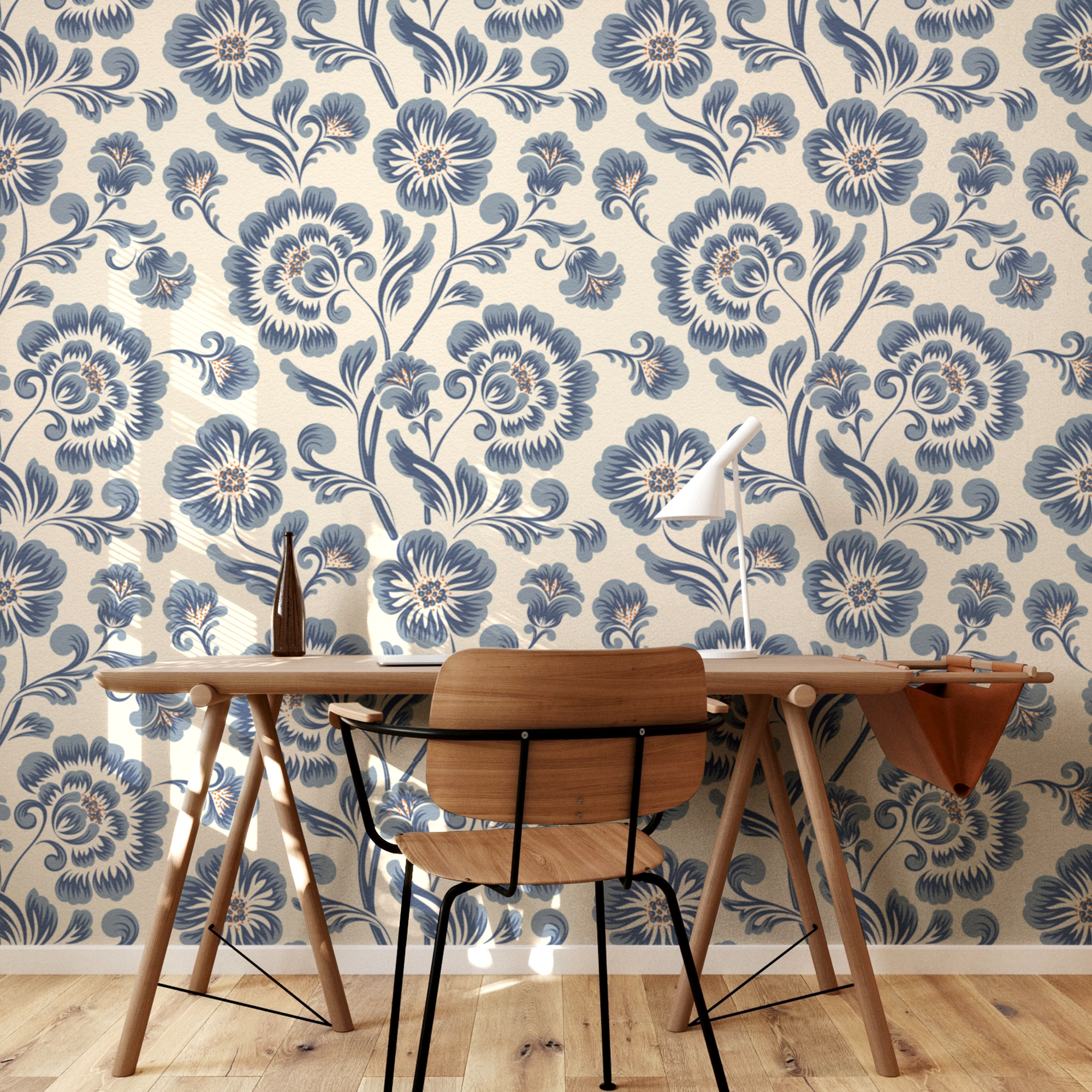 Mediterranean Floral Wallpaper – Classic Blue Hand-Painted Pattern