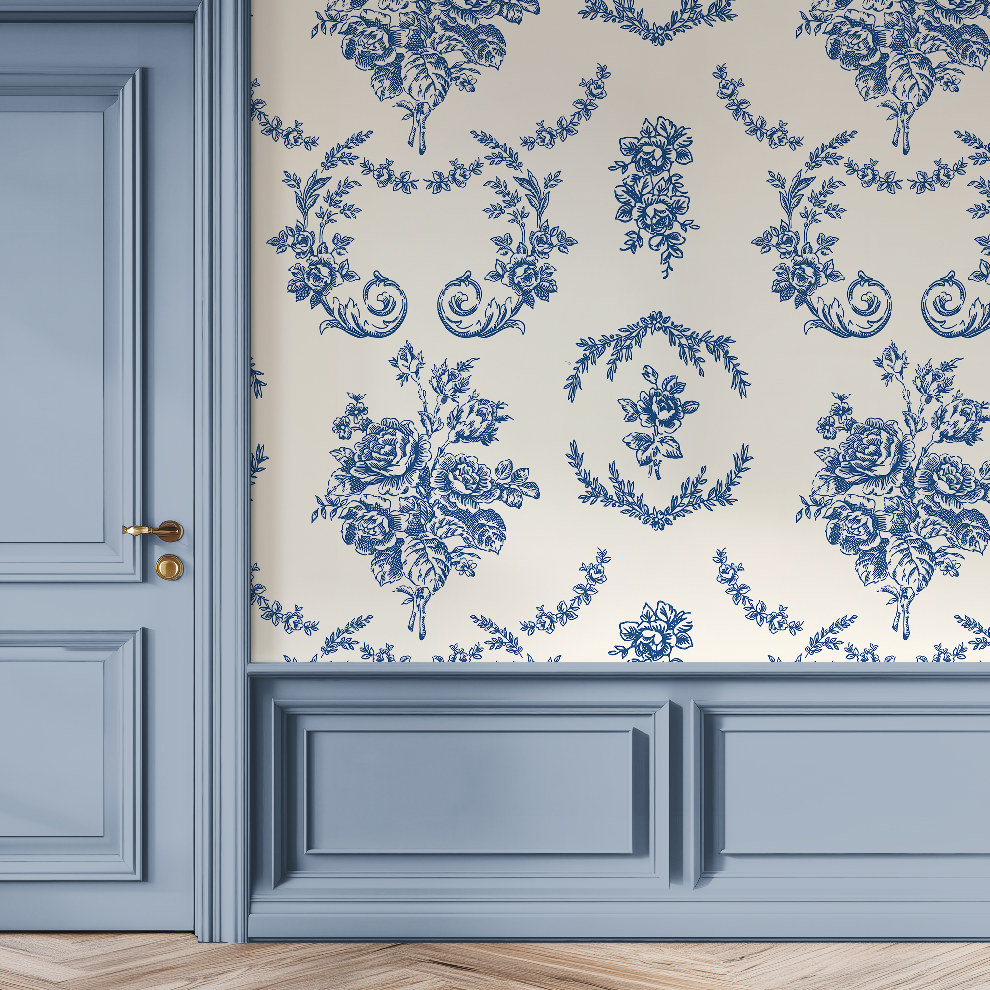 Blue Floral Damask Wallpaper – French Vintage Elegance