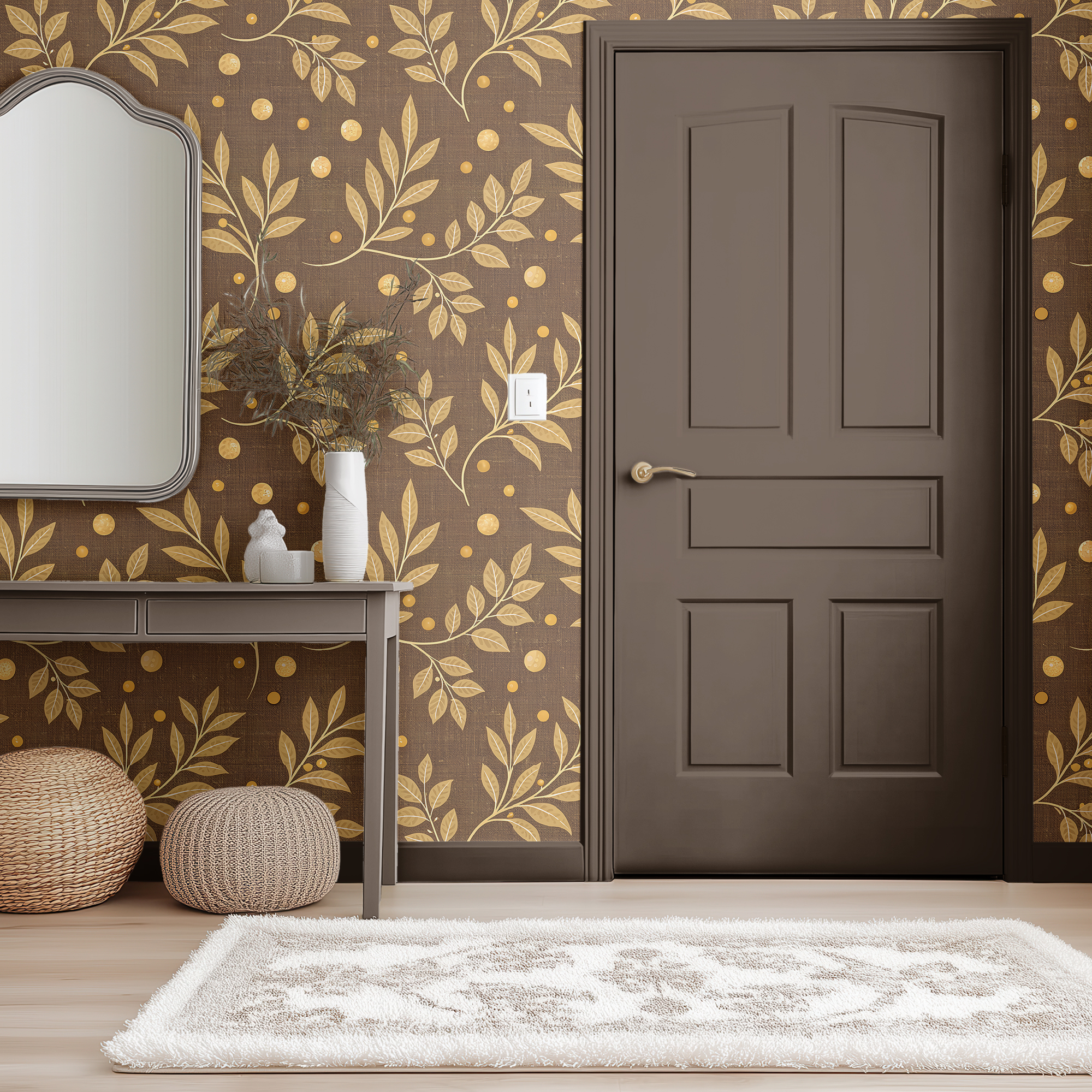 Vintage Brown Botanical Wallpaper – Elegant Gold Accents