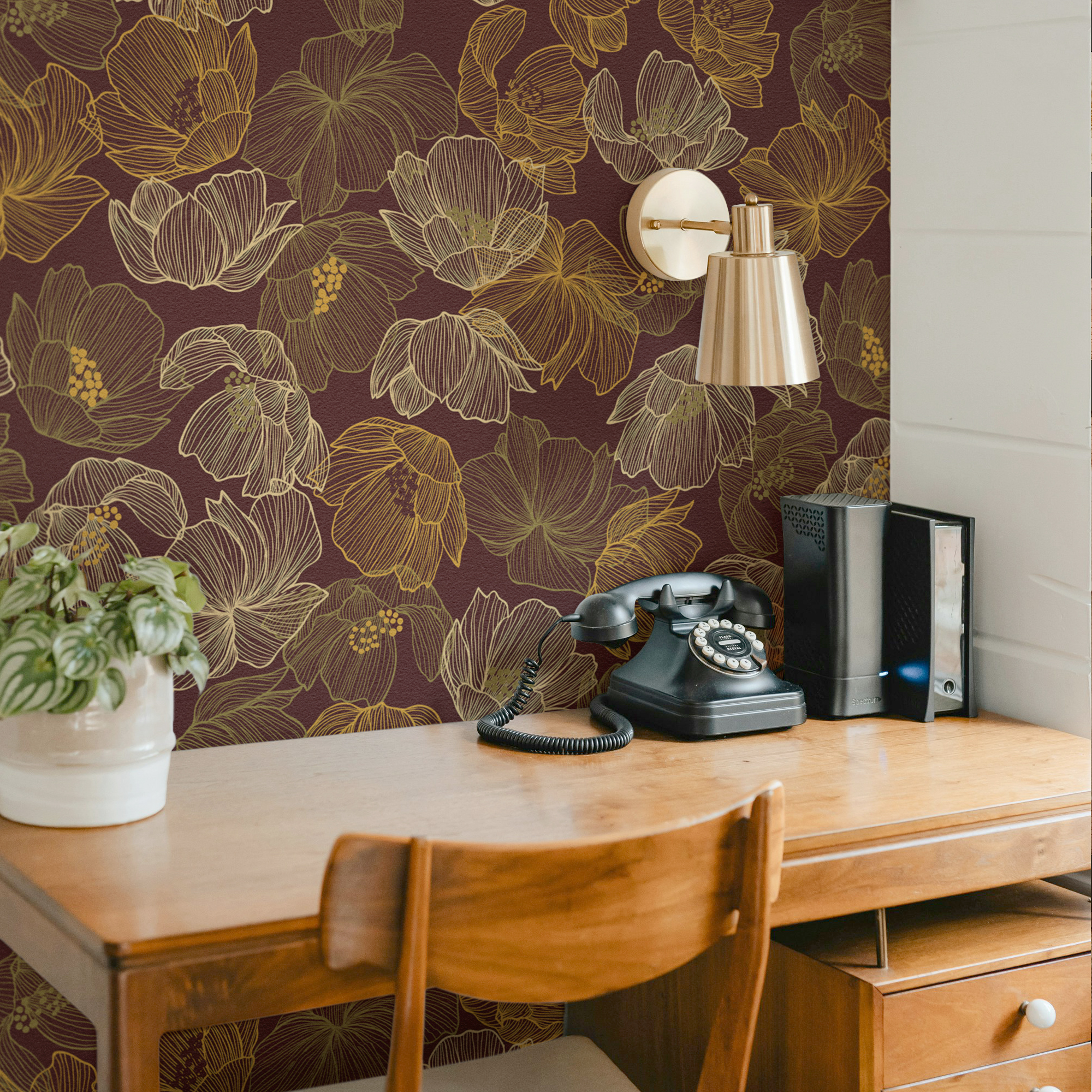 Dark Brown Floral Wallpaper – Golden Line Botanical Elegance