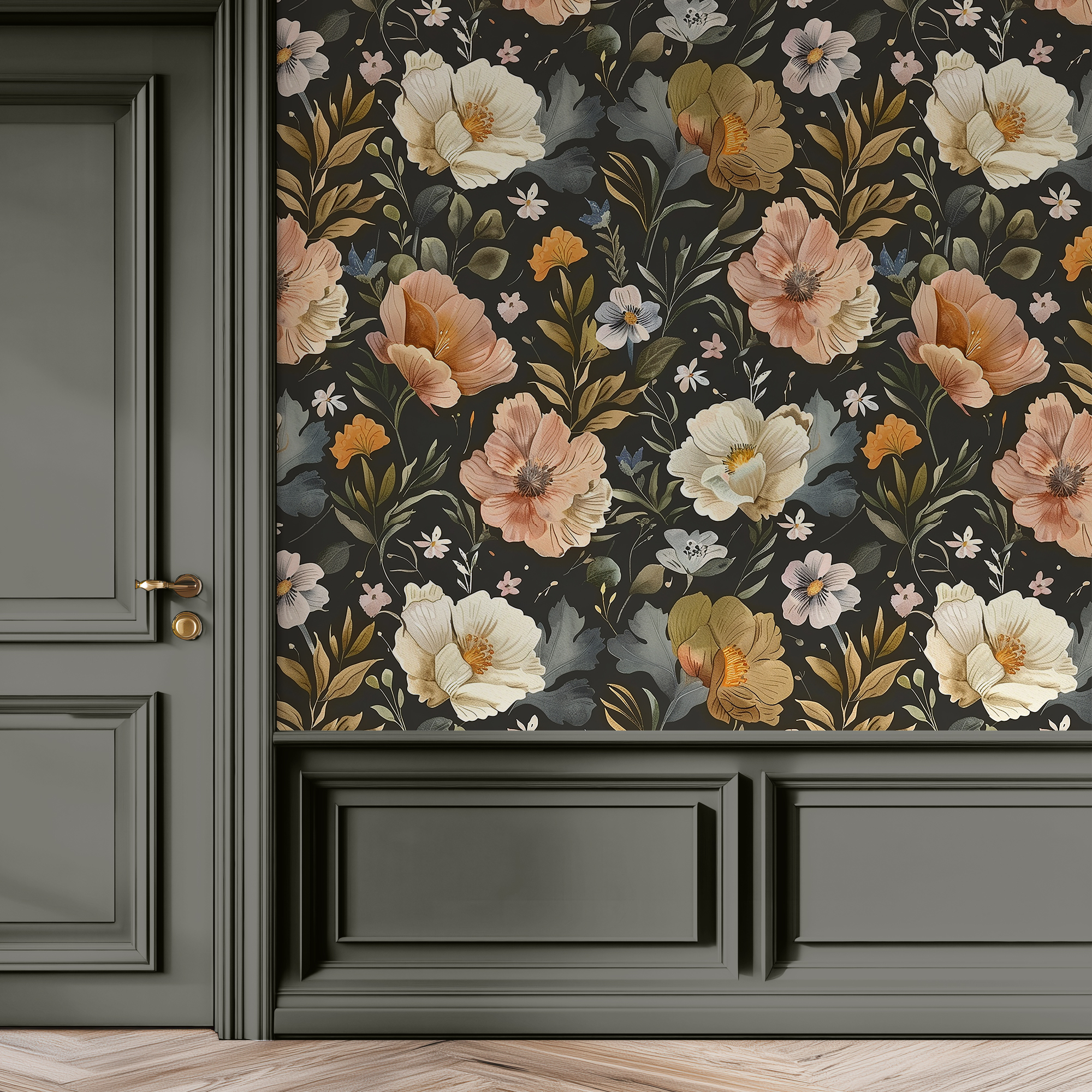 Black Floral Wallpaper – Warm Vintage Botanical Elegance