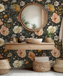 Alternative view of Black Vintage Botanical Floral Wallpaper