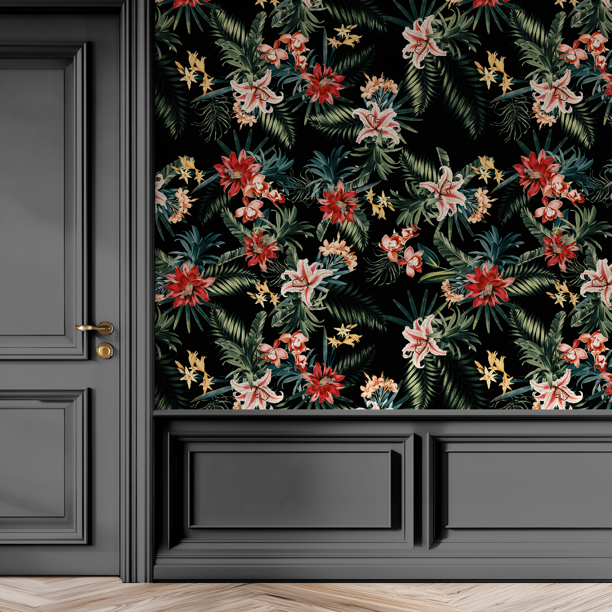 Black Tropical Wallpaper – Lush Jungle Floral Pattern