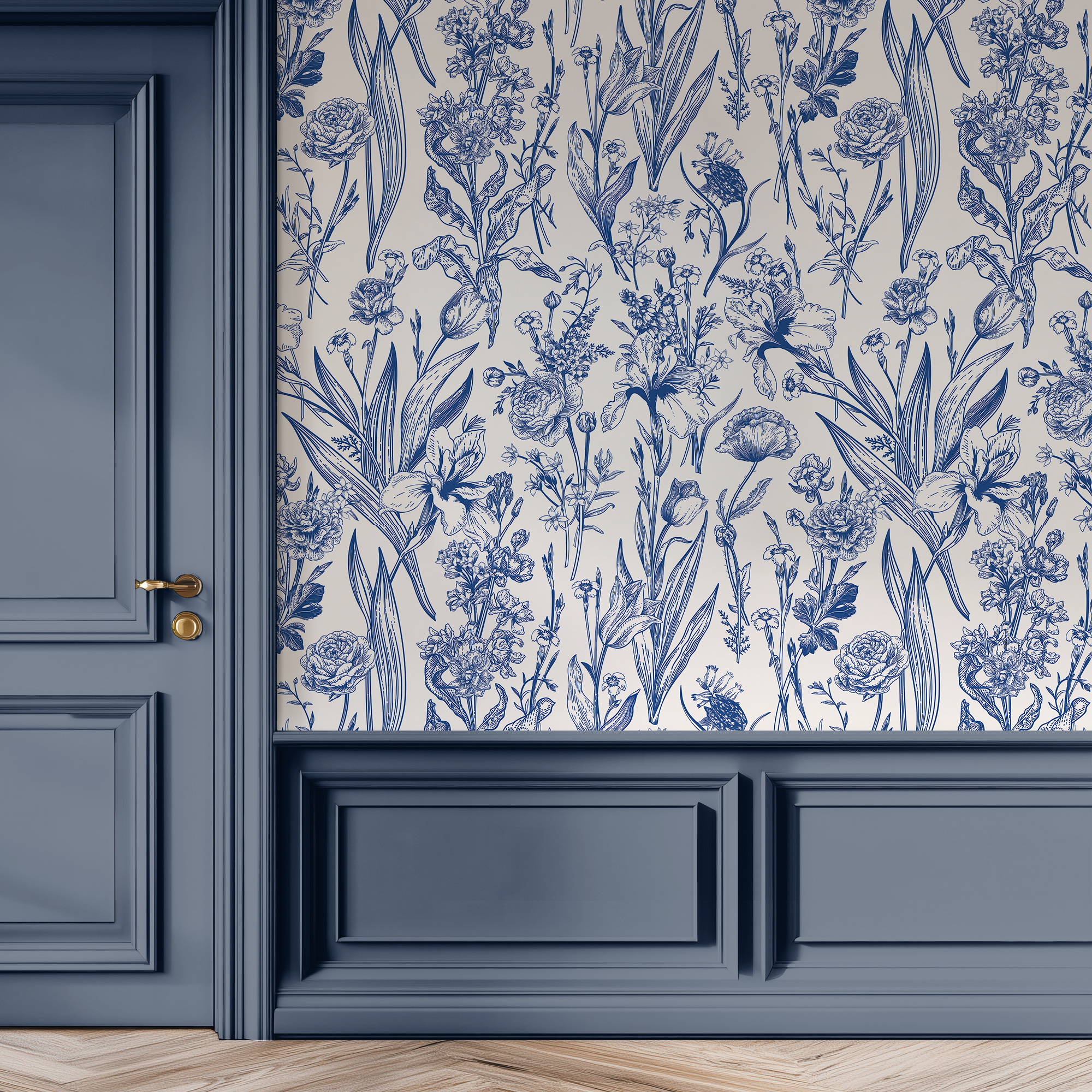 Classic Blue Botanical Wallpaper – French Garden Style