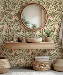Alternative view of Green and Pink Botanical Wallpaper