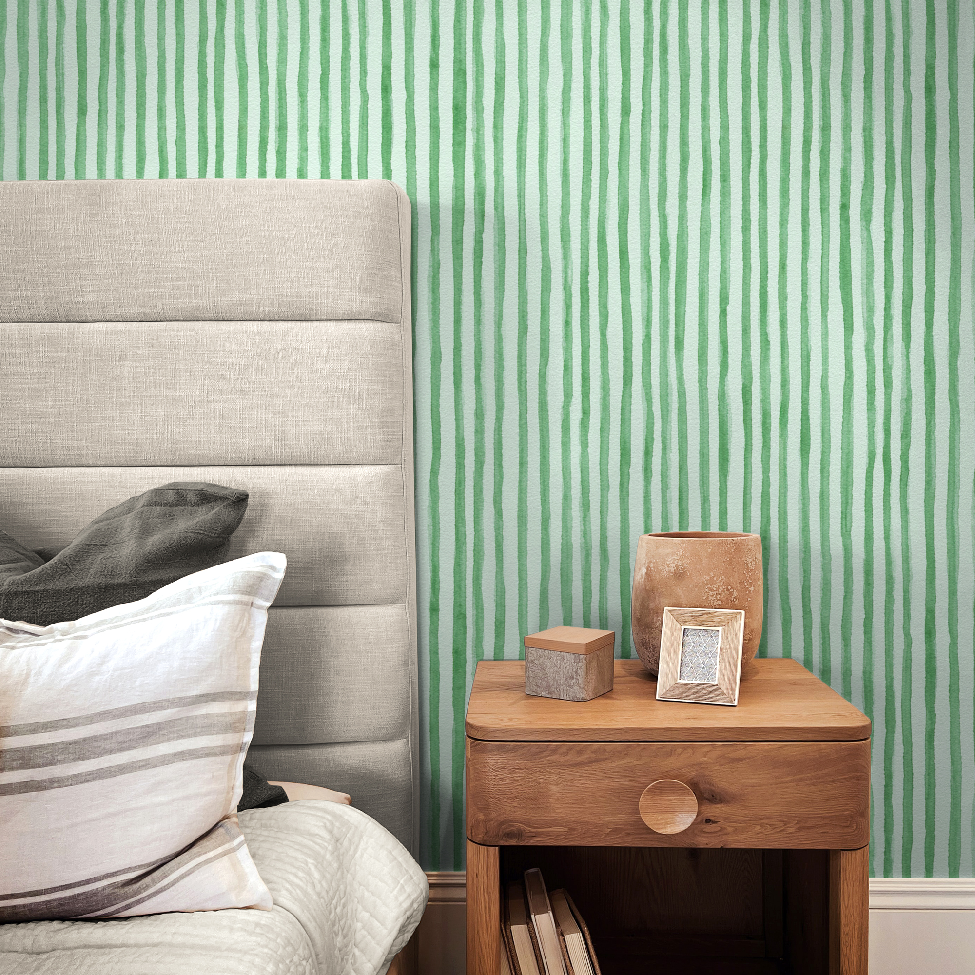 Sage Green Striped Wallpaper – Watercolor Lines Pattern