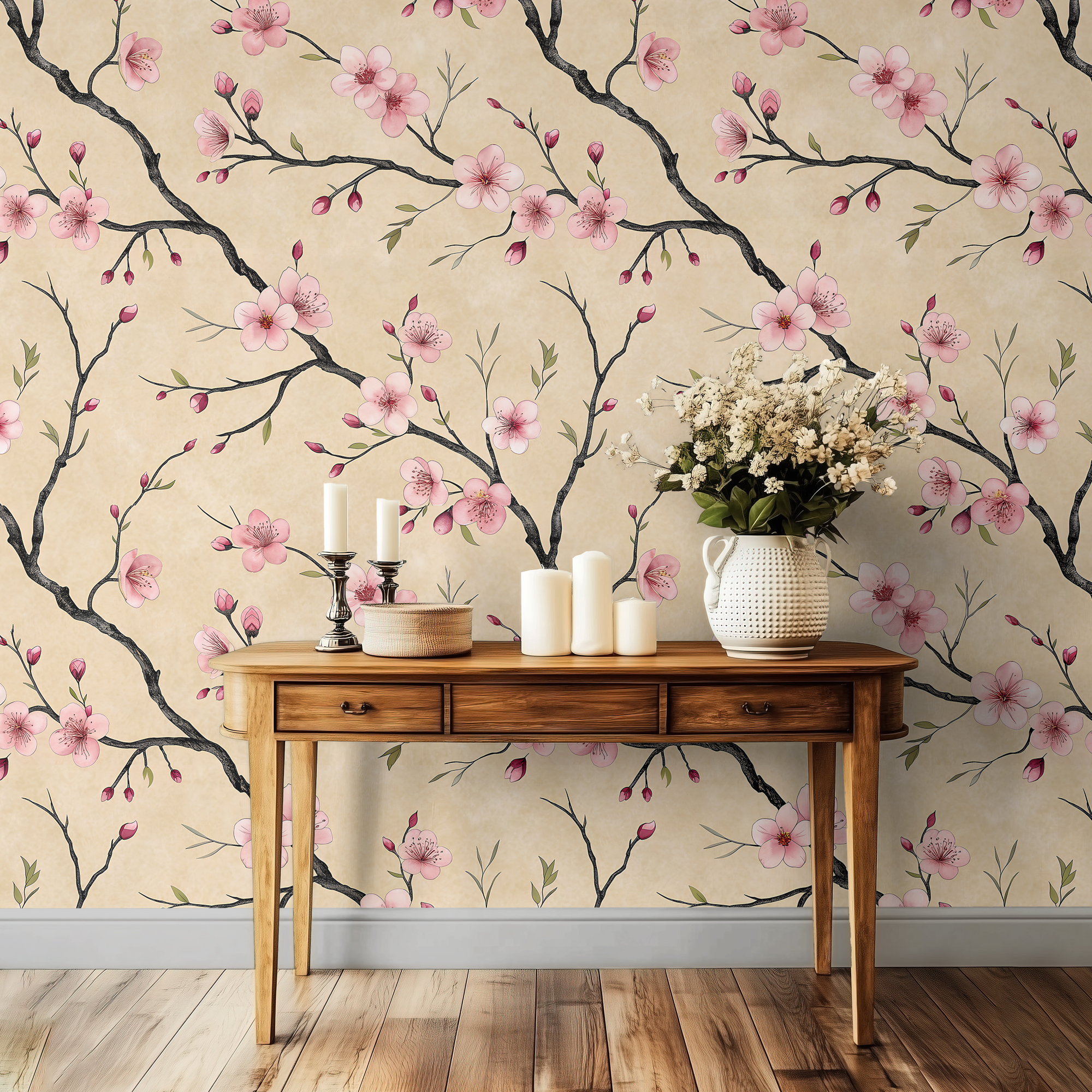Japanese Cherry Blossom Wallpaper – Elegant Sakura Japandi Floral Art