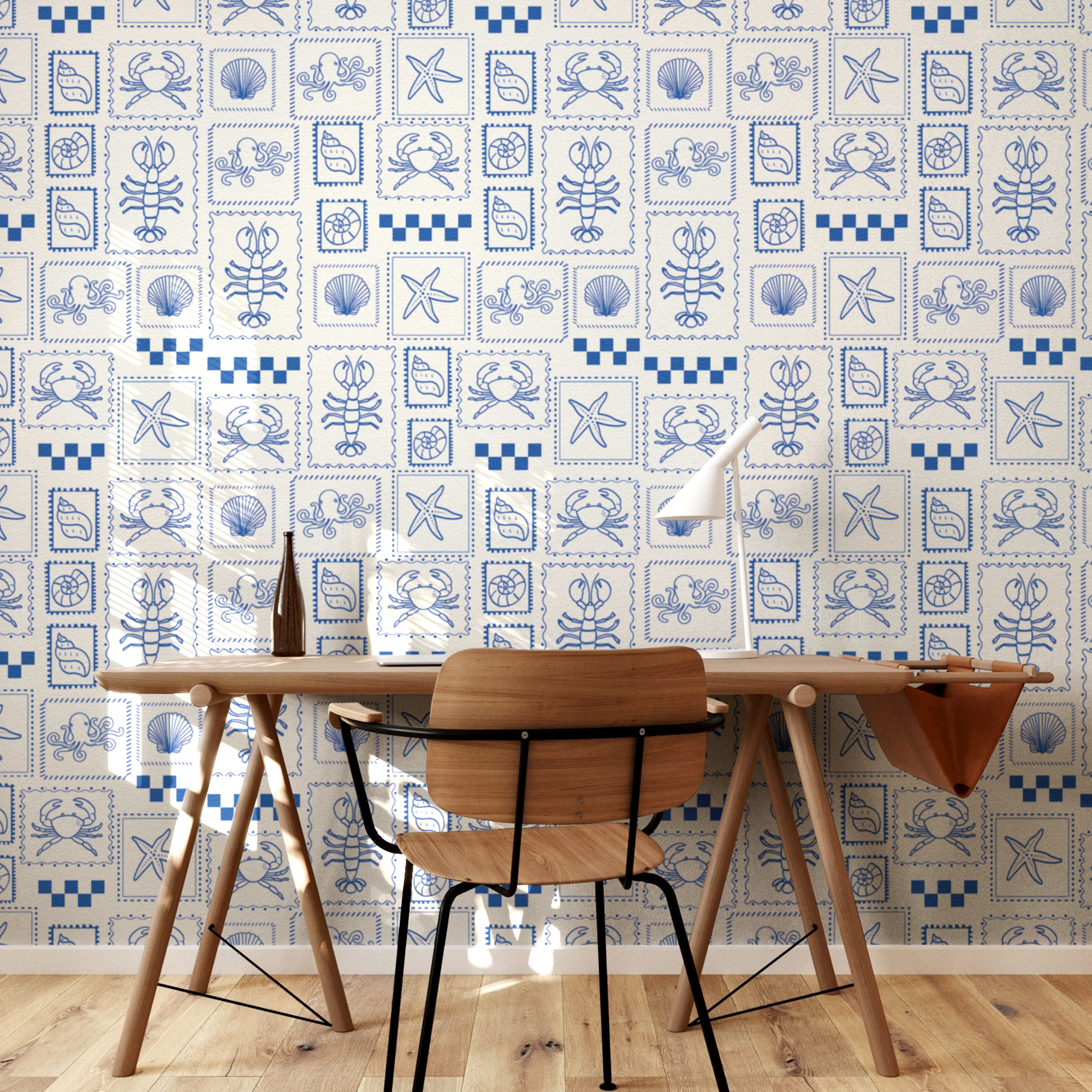 Blue Coastal Tile Wallpaper – Nautical Sea Life Pattern