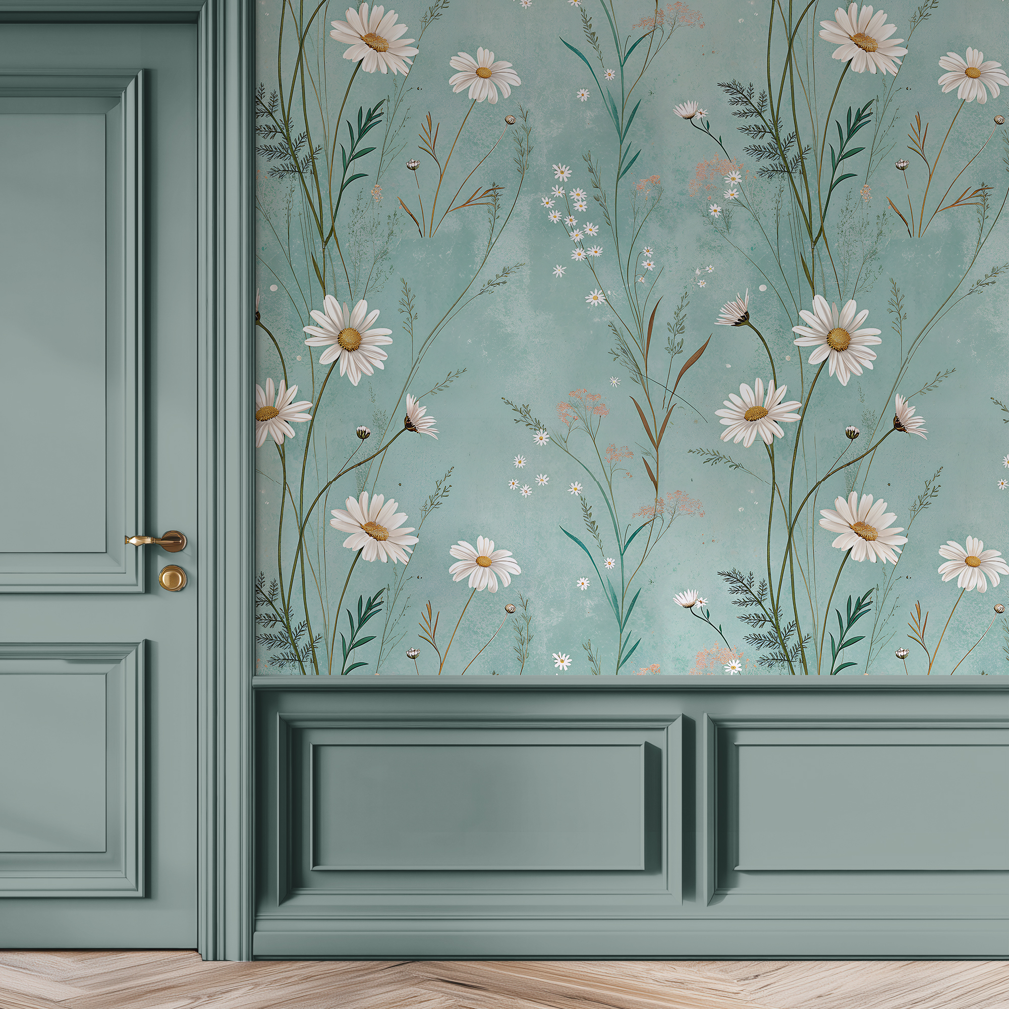 Teal Daisy Meadow Wallpaper – Mint Green Whimsical Floral Charm