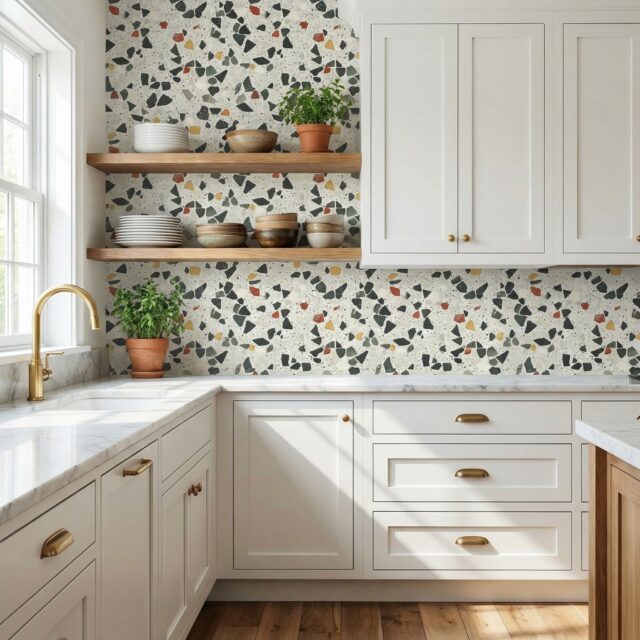 Colorful terrazzo peel and stick wallpaper behind kitchen open shelving
