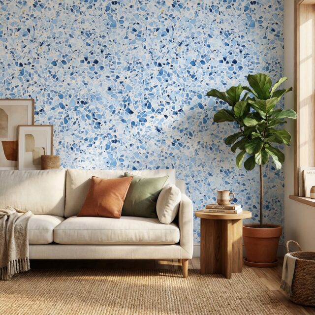 Blue terrazzo peel and stick wallpaper