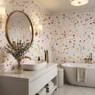 Terrazzo peel and stick wallpaper accent wall in modern living room