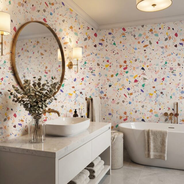 Terrazzo peel and stick wallpaper accent wall in modern living room