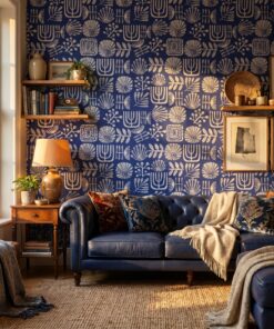 navy linocut botanical peel and stick wallpaper