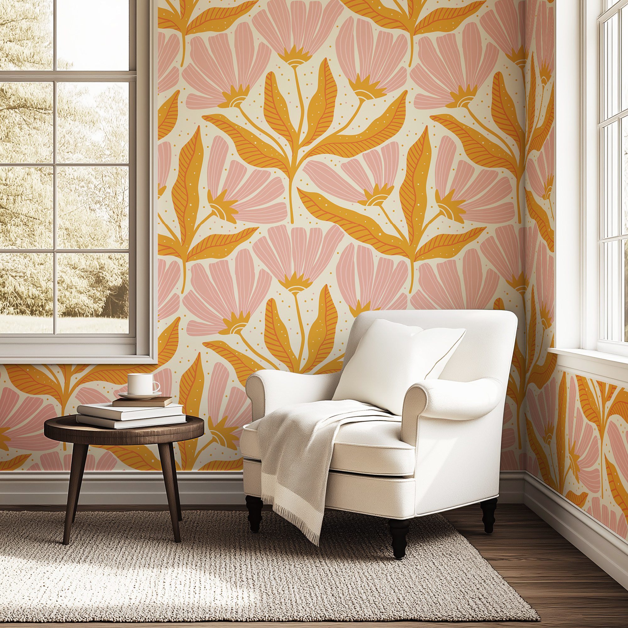 Retro Boho Pink Botanical Wallpaper