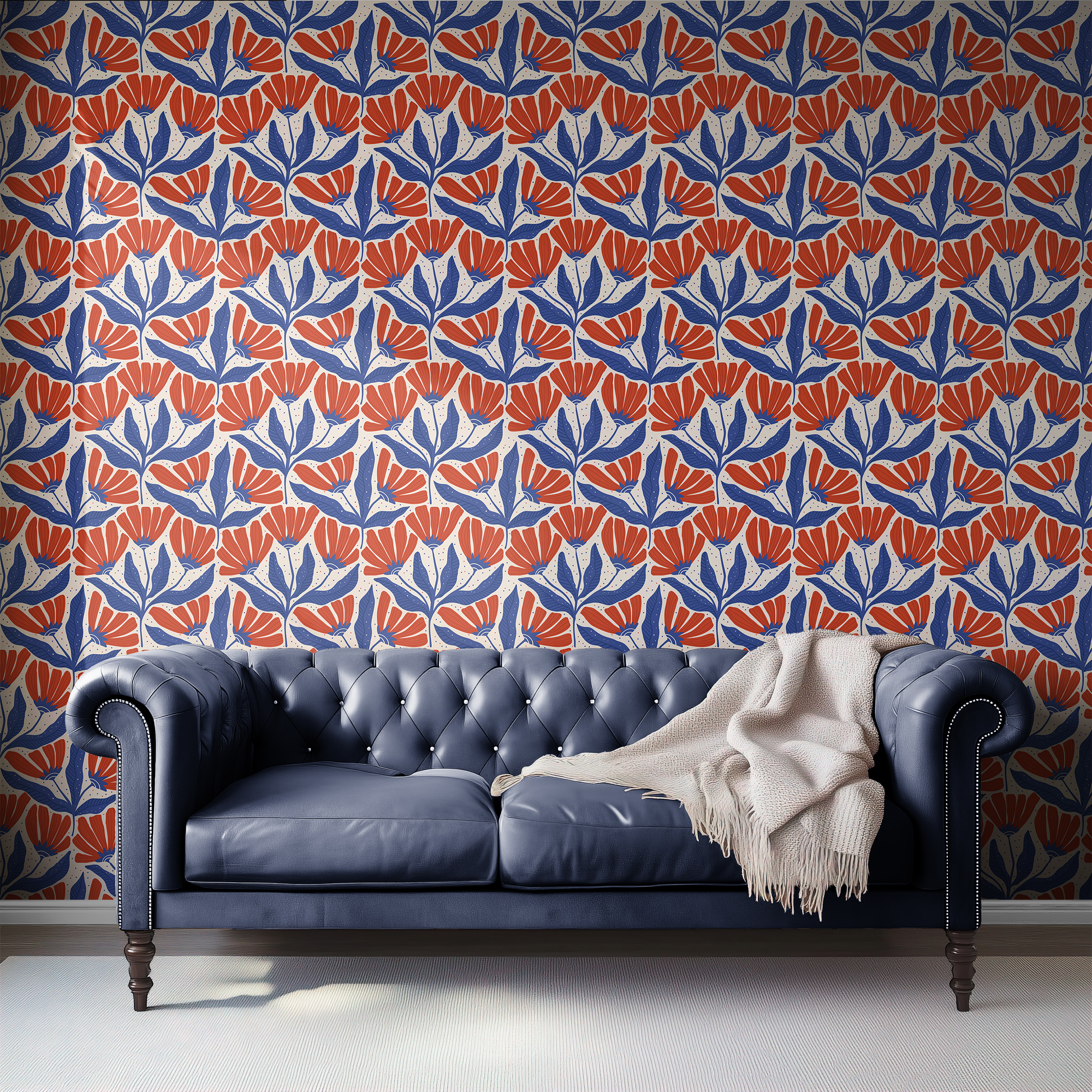 Retro Folk Art Floral Wallpaper