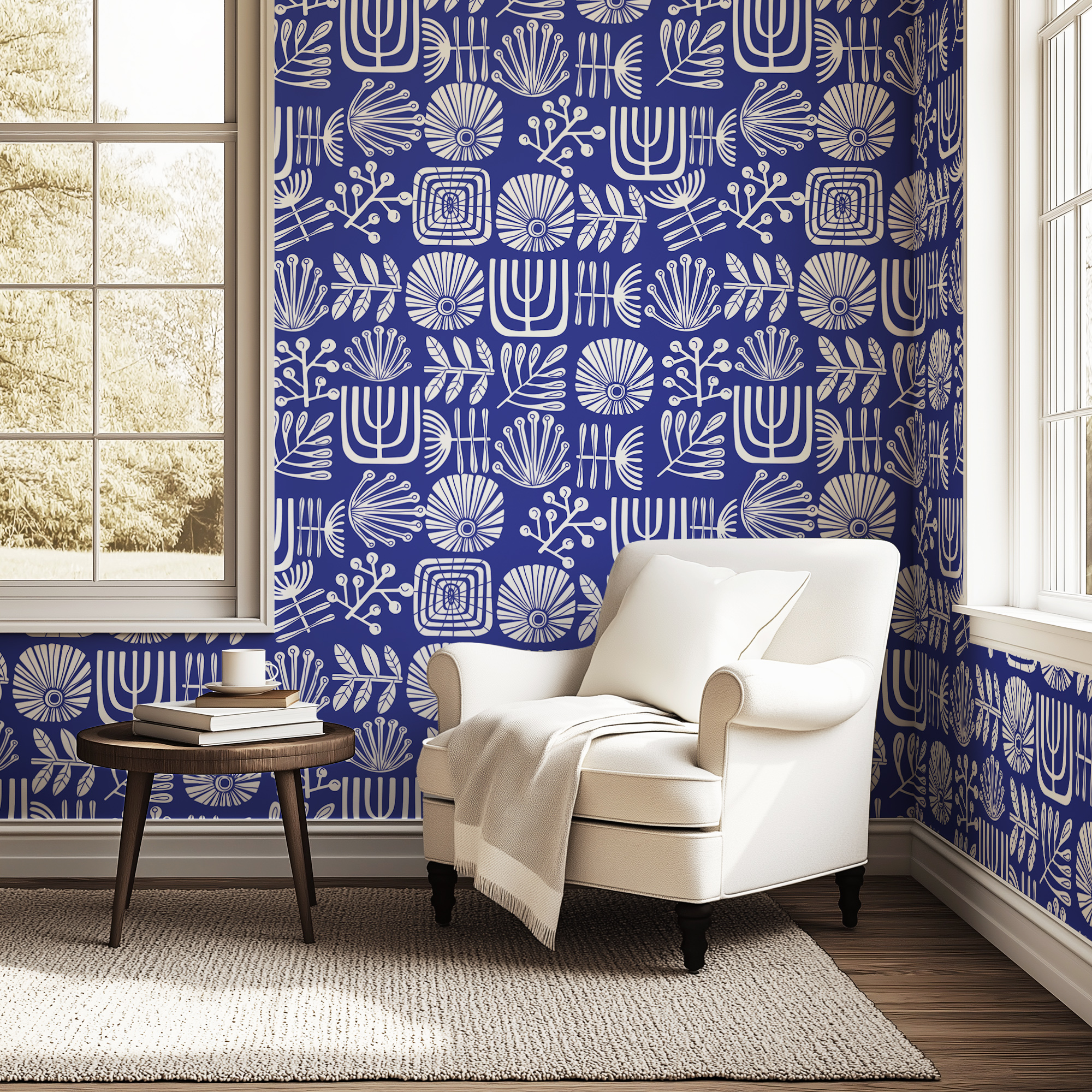 linocut blue wallpaper mockup 2