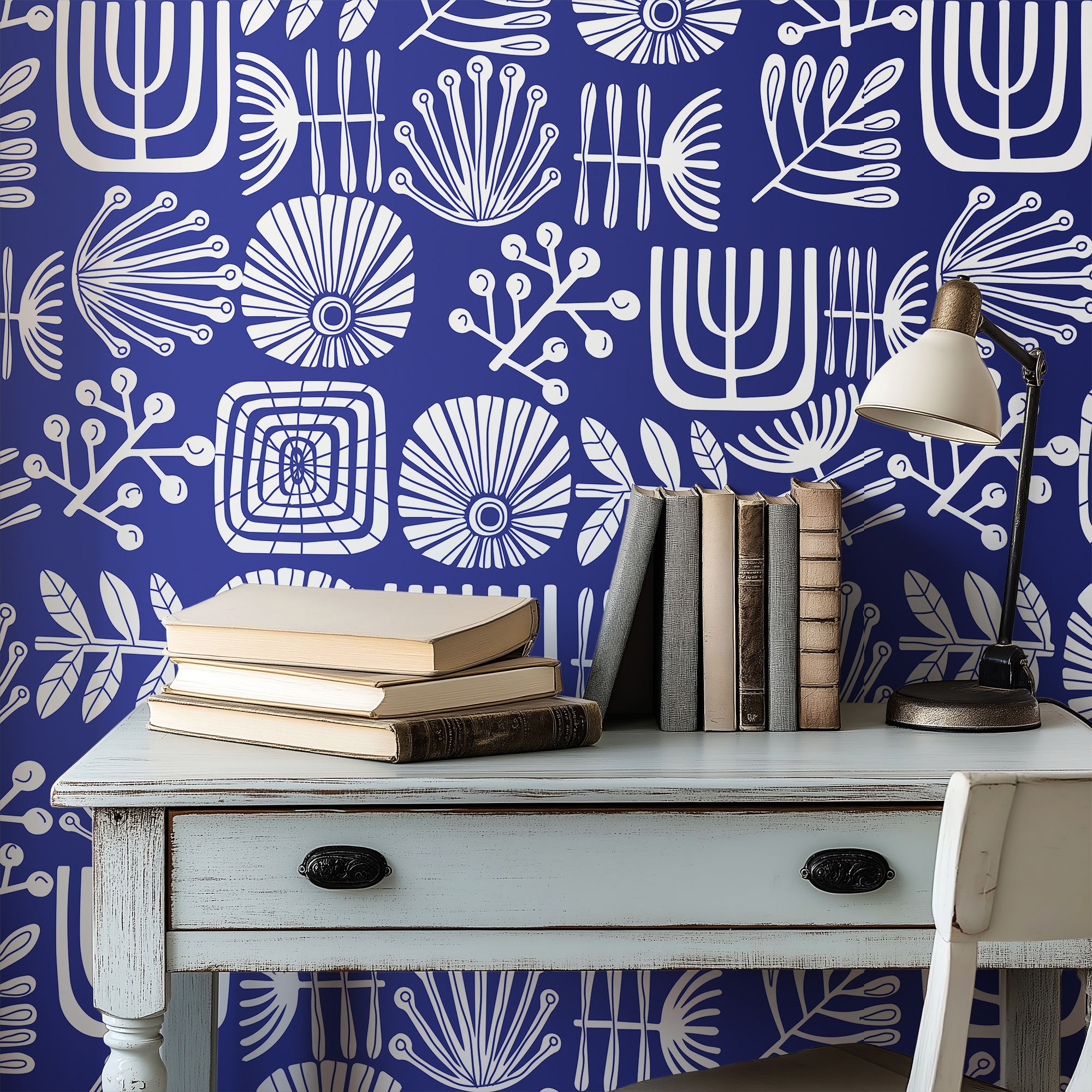 linocut blue wallpaper mockup 3