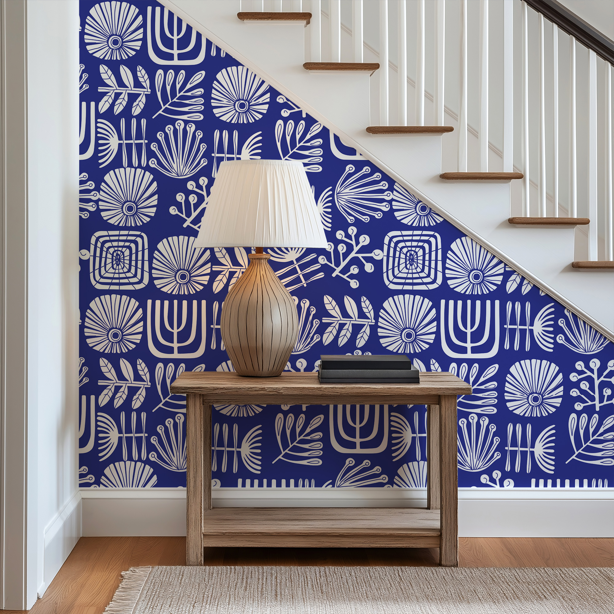 linocut blue wallpaper mockup 5