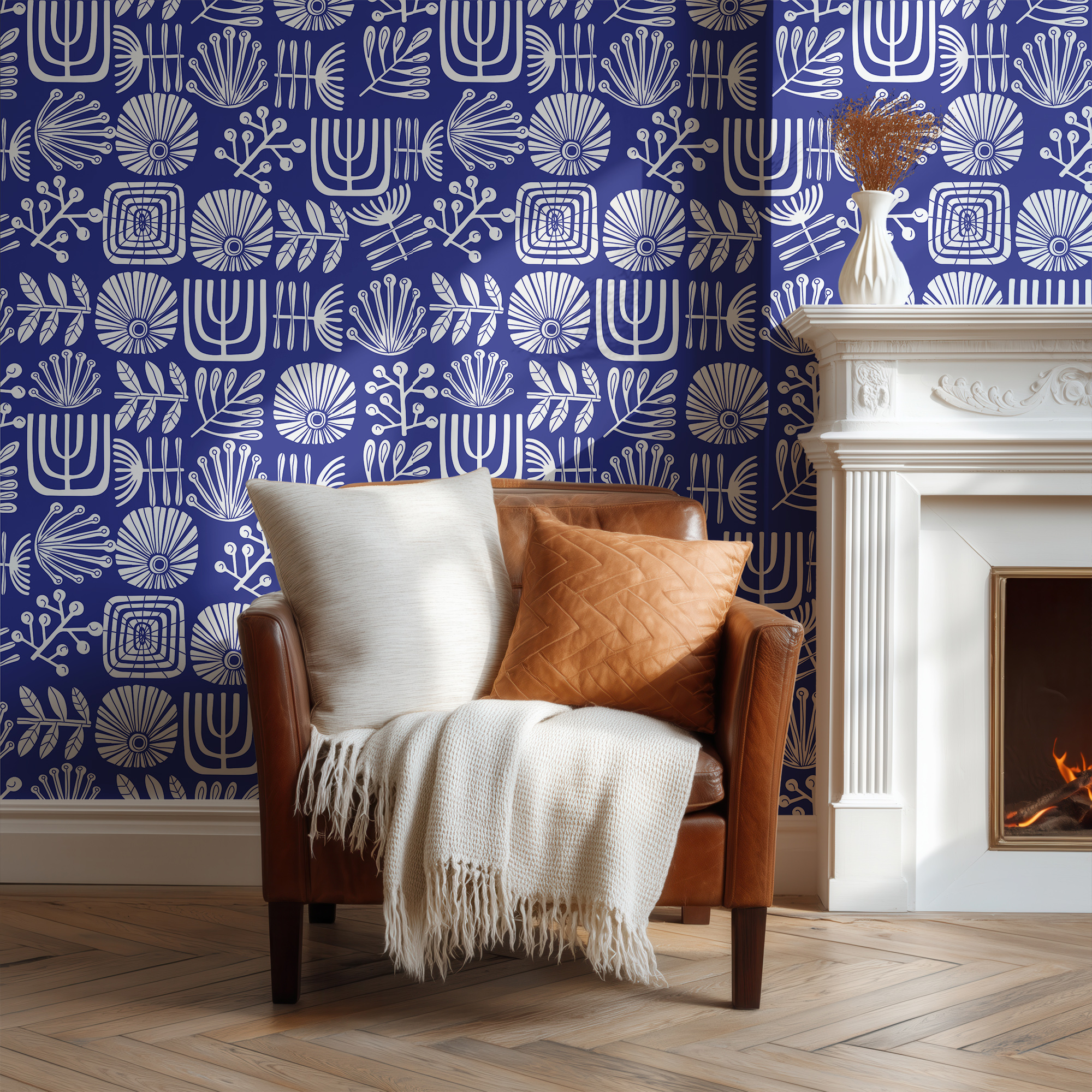 linocut blue wallpaper mockup 6