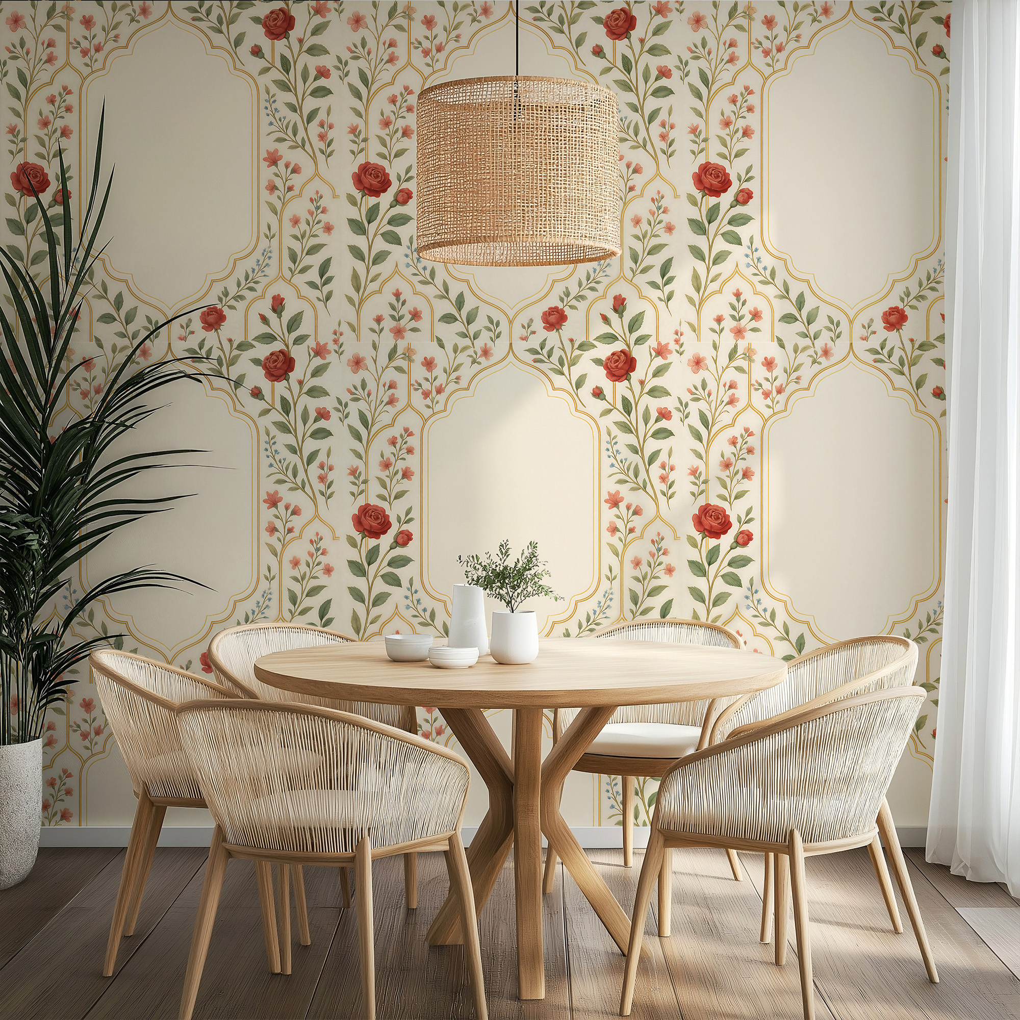 Beige Mughal Flower Wallpaper - Indian Floral Arch