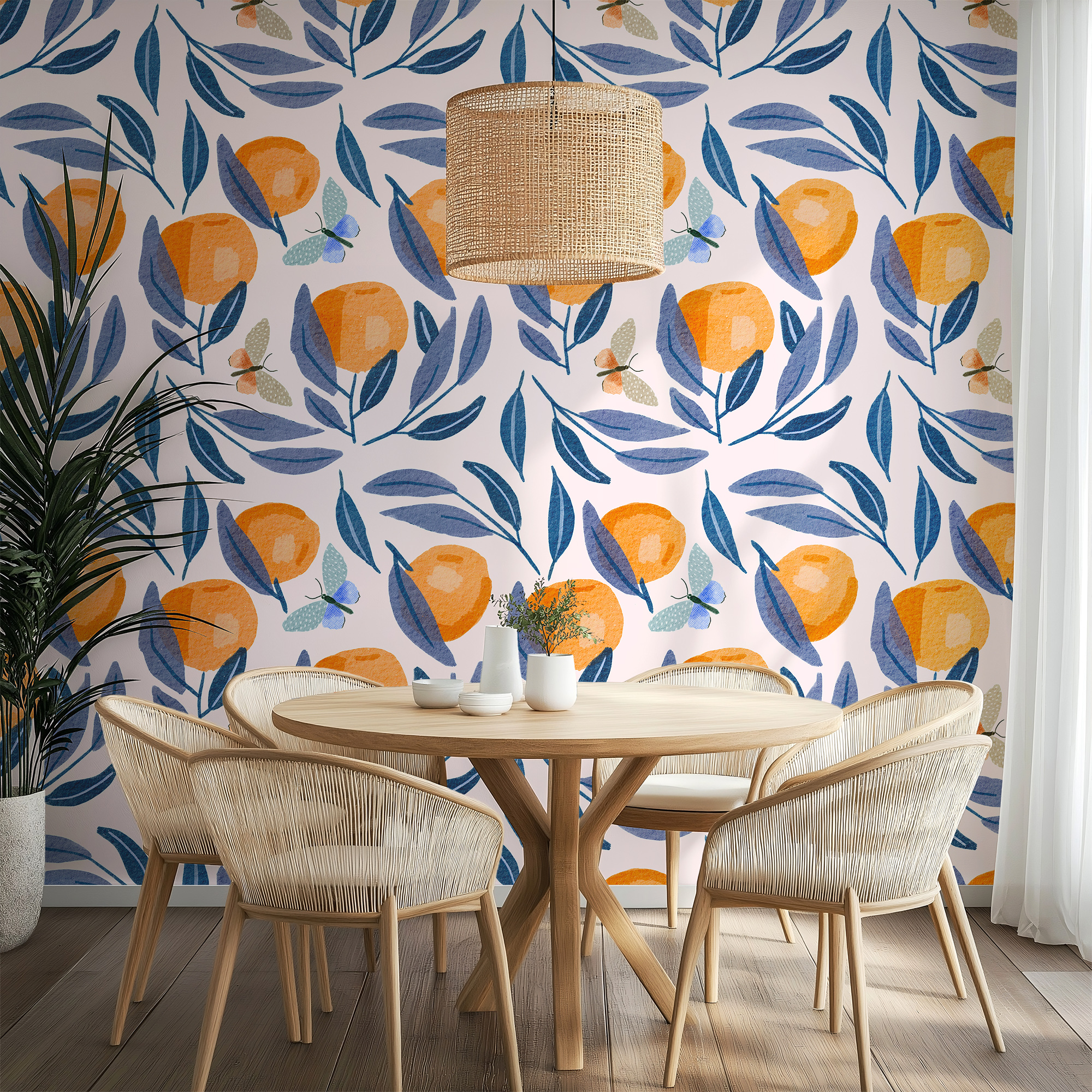 Watercolor Citrus & Blue Leaf Wallpaper