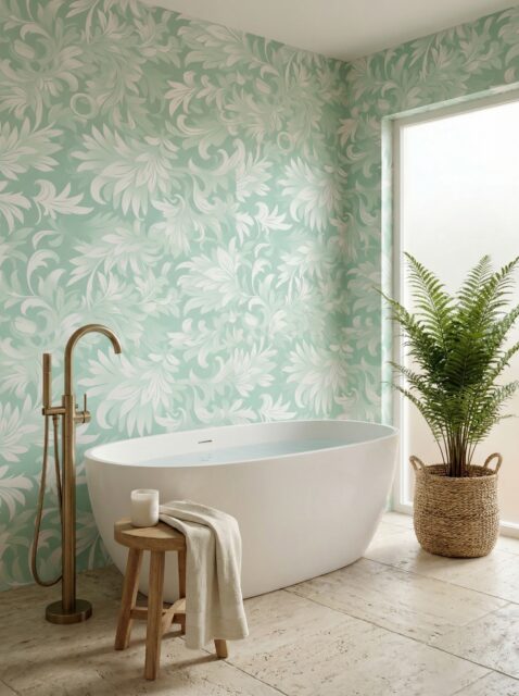 Sage green botanical wallpaper in spa-like bathroom setting