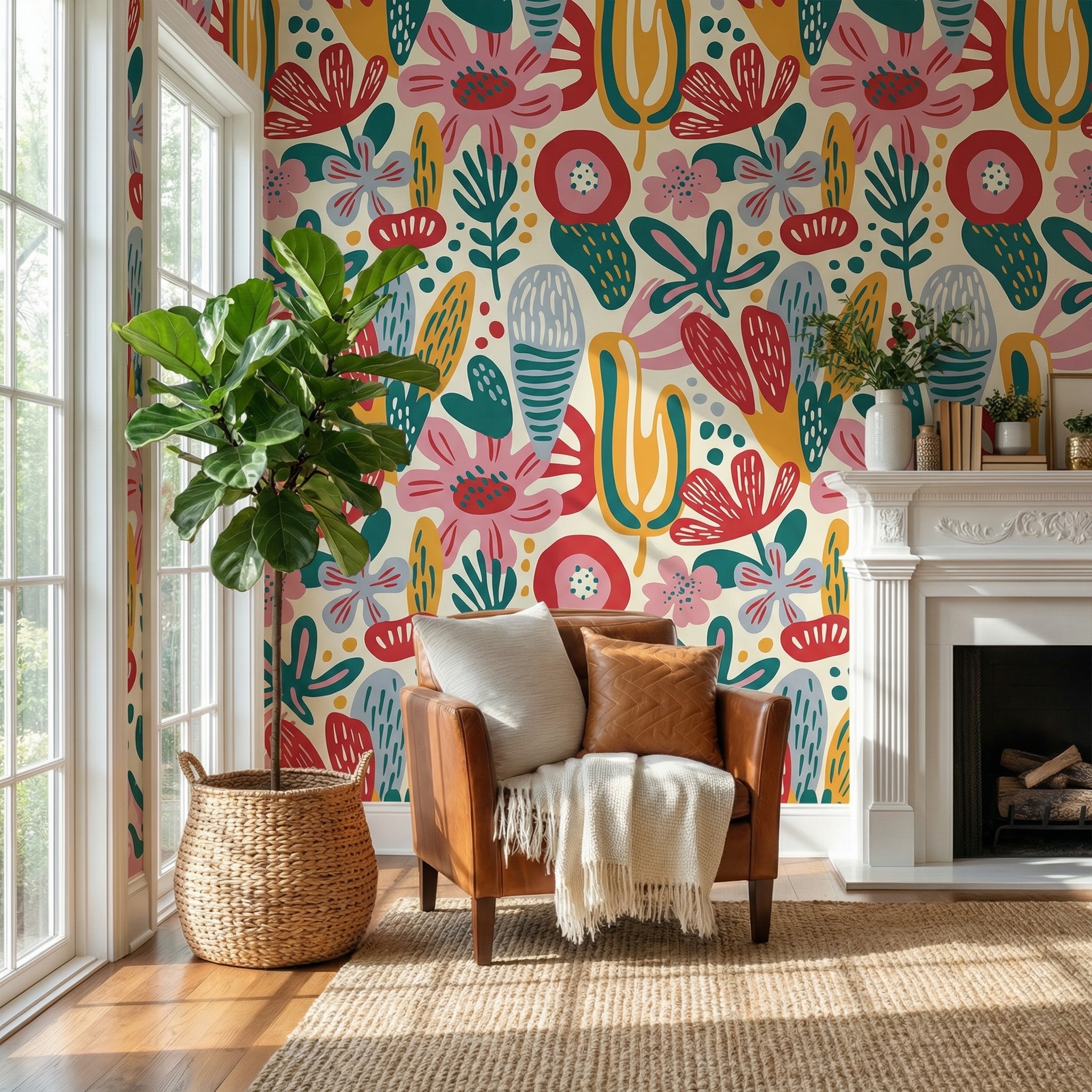 Bold Abstract Botanical peel and stick wallpaper – Colorful Hand-Drawn Maximalist Art