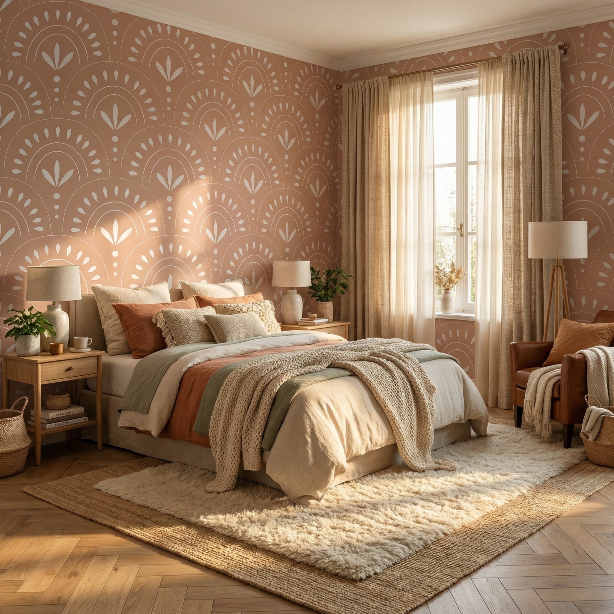 terracotta boho peel and stick wallpaper - Earthy Scallop Pattern