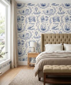 Blue toile wallpaper with bookish scenes behind a tufted headboard in a bedroom