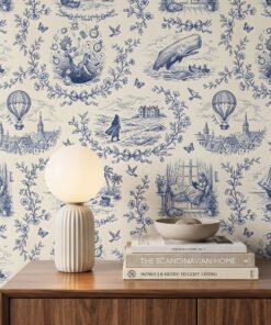 Blue toile wallpaper close-up with a girl reading at a window, a tall ship, a breaching whale and a hot air balloon