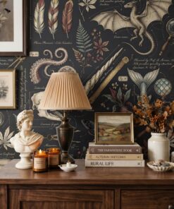Close-up of dark academia wallpaper with a dragon, kraken tentacle, griffin skull, phoenix feathers and mermaid tail specimen sketches