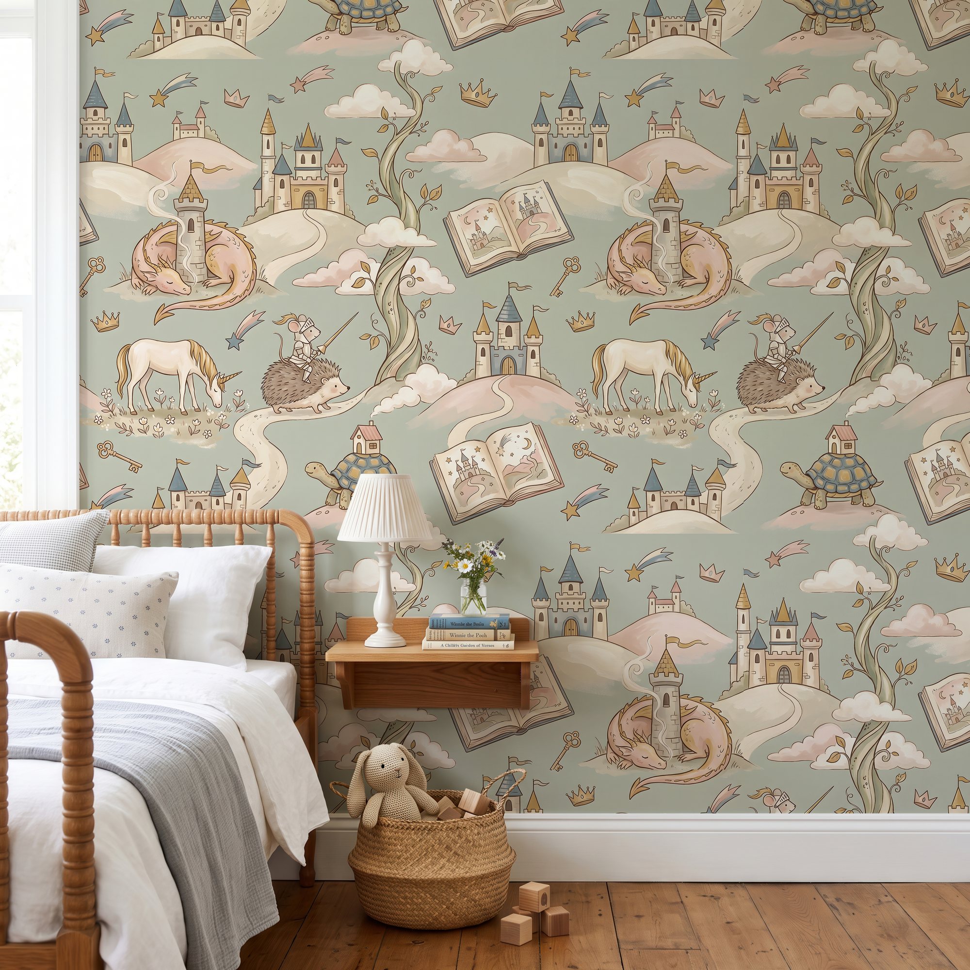 Fairy tale wallpaper with castles and a sleeping dragon in a kids bedroom with a wooden spindle bed
