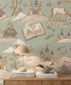 Fairy tale wallpaper close-up with a castle on a hill, a grazing unicorn, a mouse knight riding a hedgehog and an open storybook