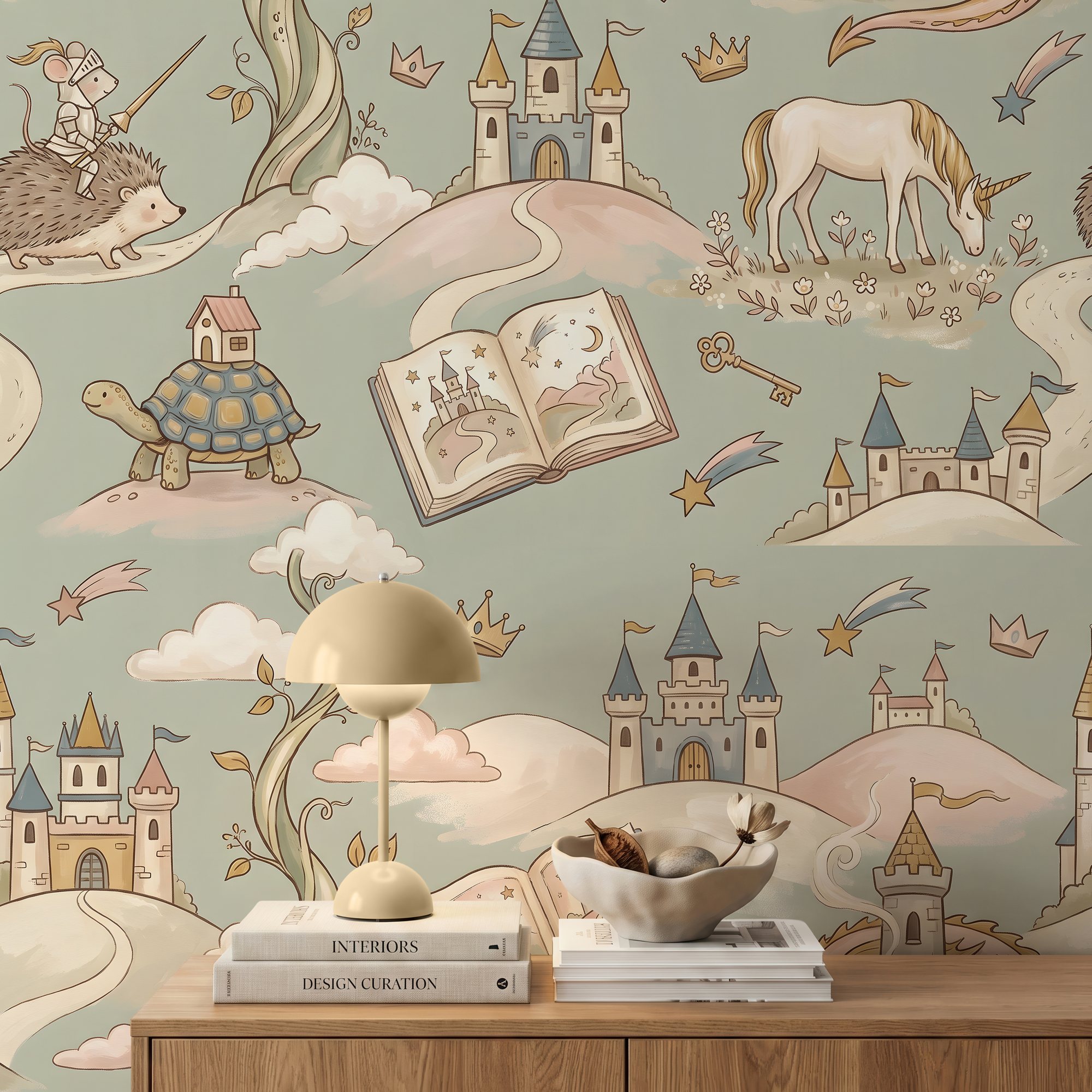 Fairy tale wallpaper close-up with a castle, a grazing unicorn, a mouse knight on a hedgehog and an open storybook