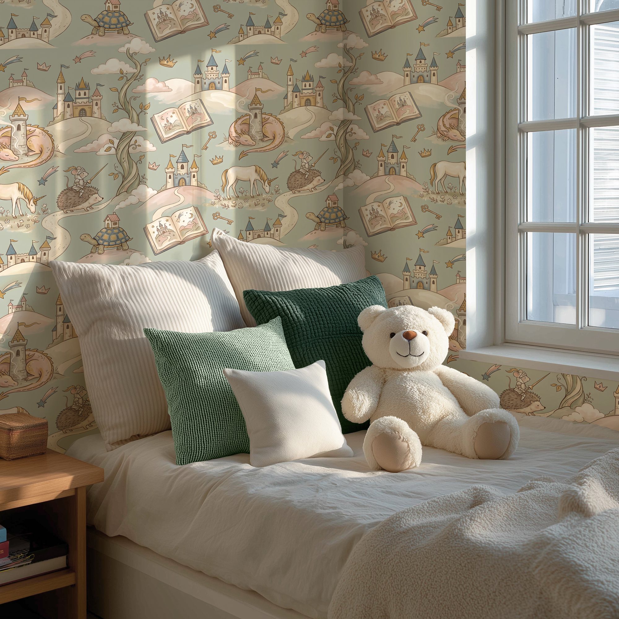 Fairy tale wallpaper with castles, dragons and crowns in a sunny kids bed corner with a teddy bear