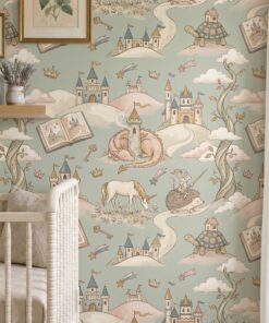 Fairy tale nursery wallpaper in sage green beside a white crib and a shelf of books
