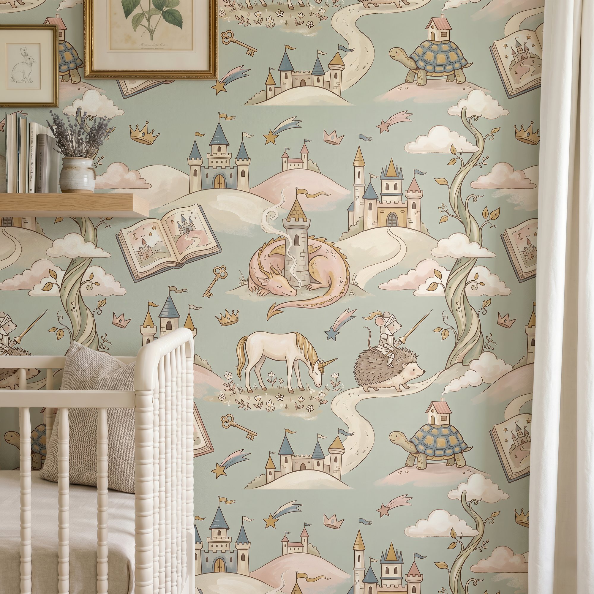 Fairy tale nursery wallpaper in sage green beside a white crib and a shelf of books