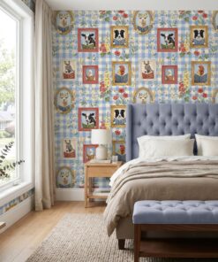 Farm animals reading wallpaper as a bedroom accent wall behind a blue upholstered headboard