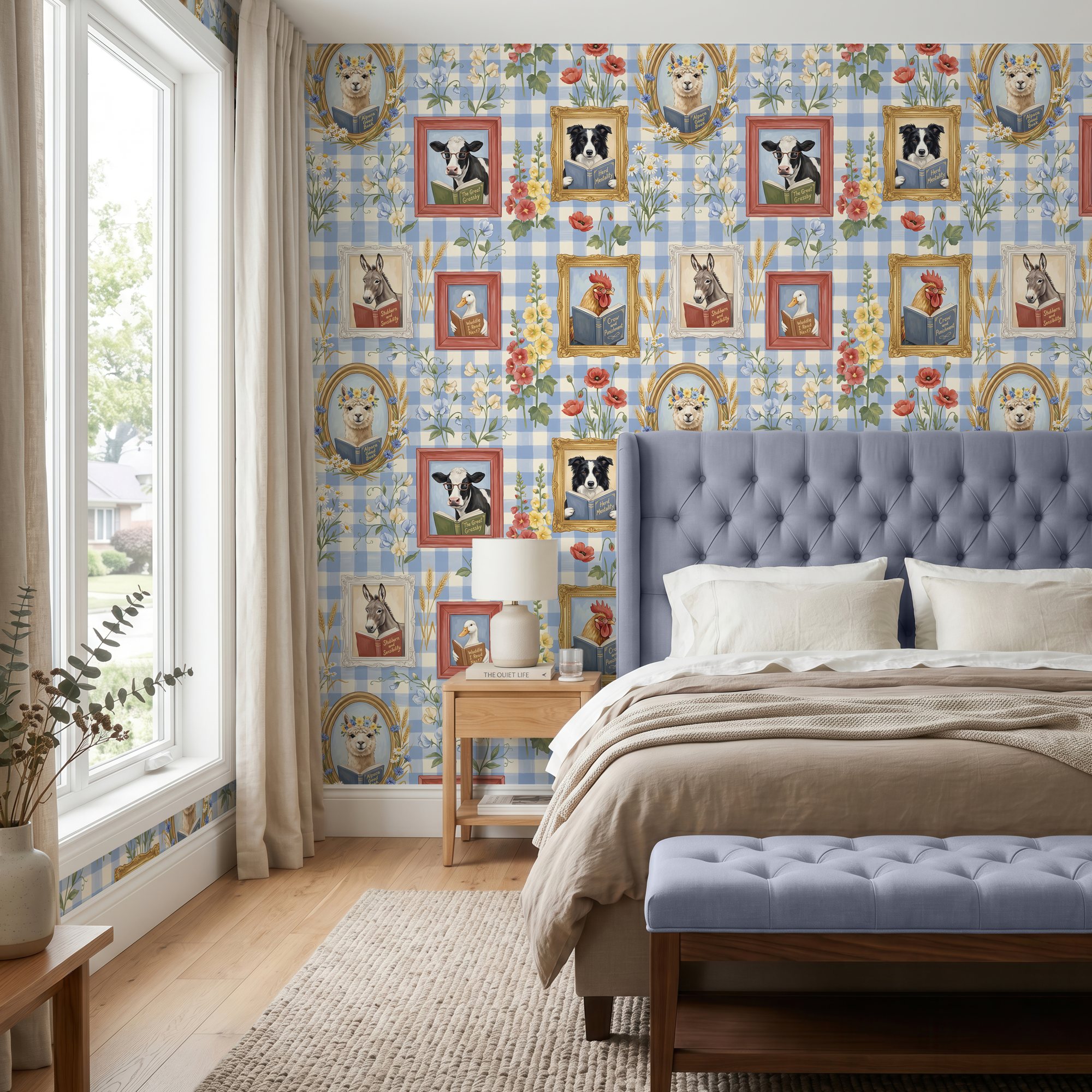 Farm animals reading wallpaper as a bedroom accent wall behind a blue upholstered headboard